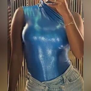 Women's Metallic Liquid One Piece Bodysuit High Leg Cut Ruched One Shoulder